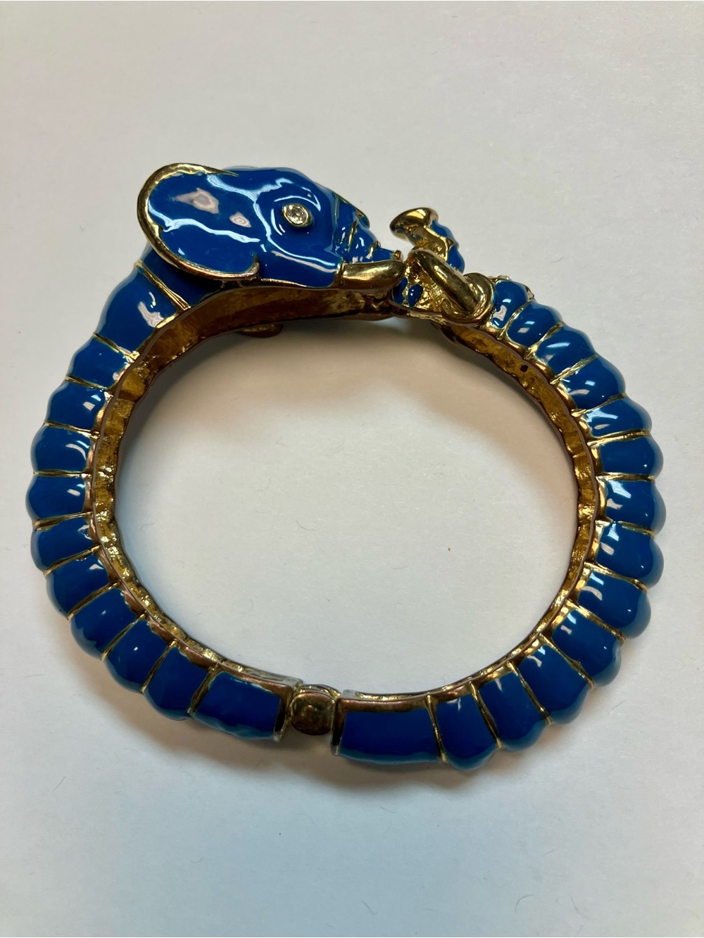 Gold-Tone Blue Enamel Elephant Hinged Bangle Bracelet